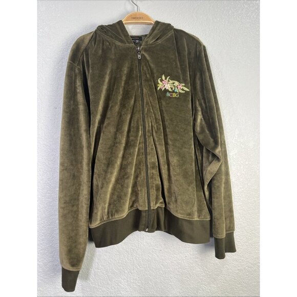 BCBG Y2K Velour Track Jacket Womens 2X Green Velvet Sequin Embroidered Hooded - Picture 2 of 9